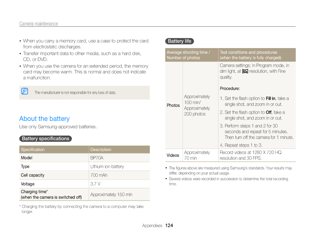 Samsung ECMV800ZBPBUS user manual About the battery, Battery specifications , Battery life  